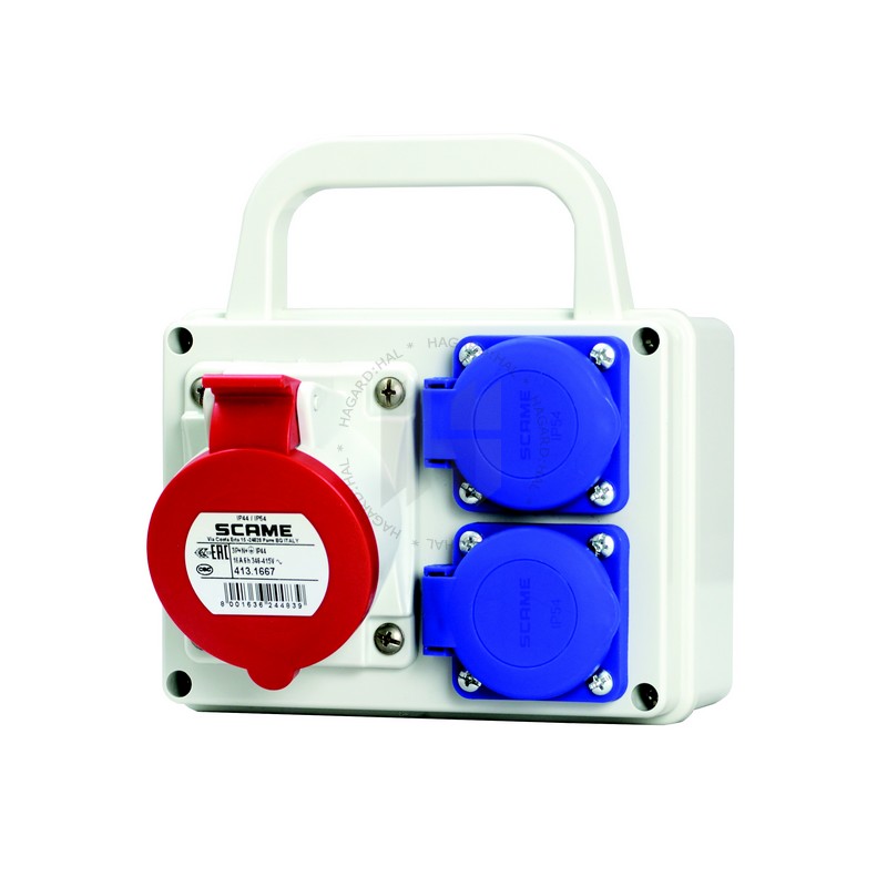 Rozvodnica zásuvková E-BOX 686H.122/4 2x230V 1x16A/400V 4P s držiakom