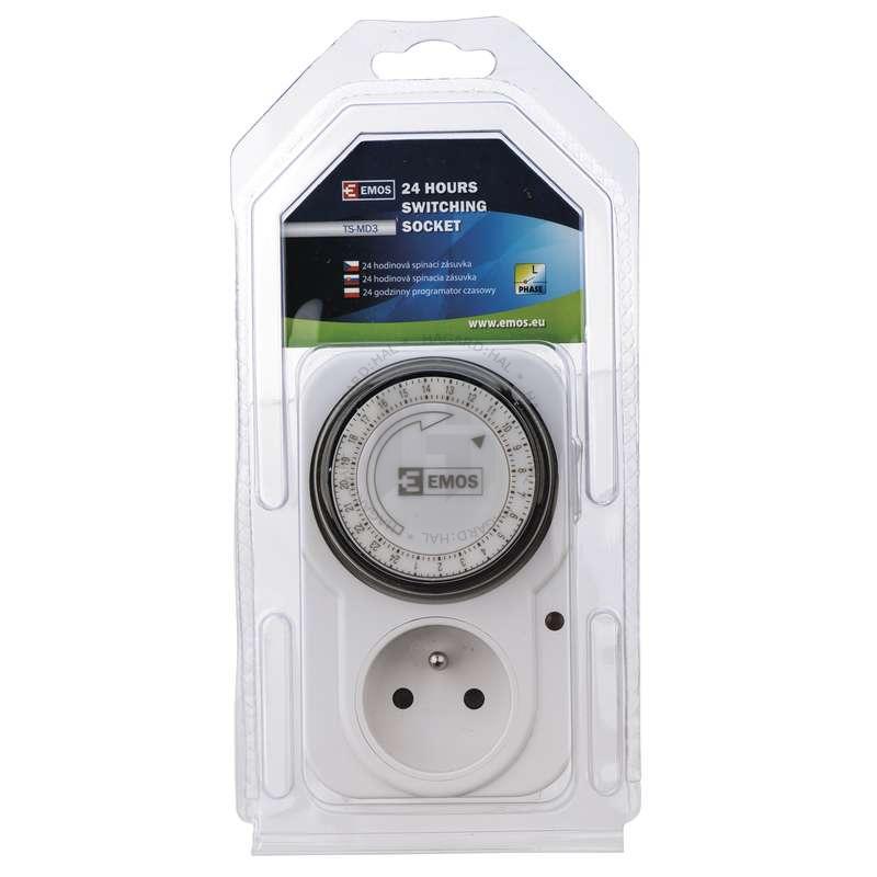 Hodiny spínacie so zásuvkou P5502 TS-MD3 16A/230V IP20 analógové biela