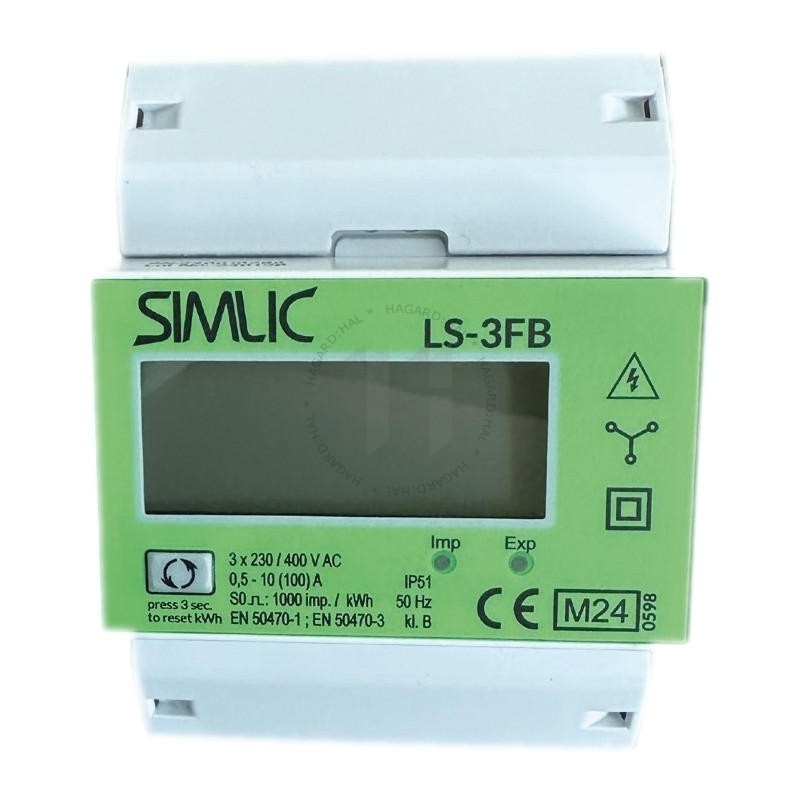 Elektromer digitálny SIMLIC LCD-3F/4M max.100A, 4moduly, MID priamy DIN