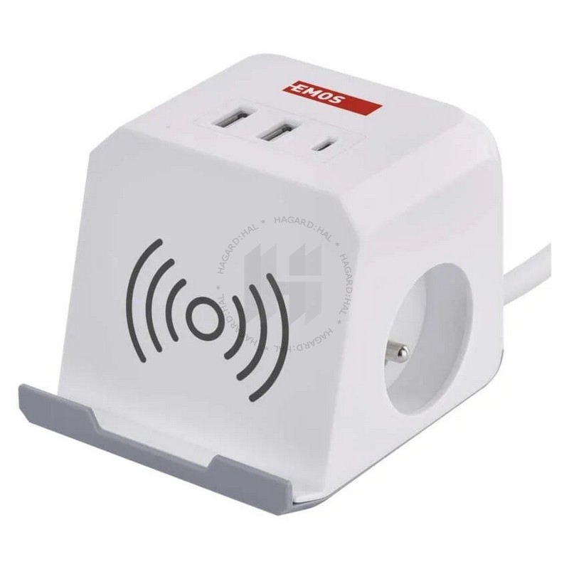 Adaptér multifunkčný KOCKA P0212CQ 2-násobný 2m + 2×USB A + 1×USB C + Qi 10W