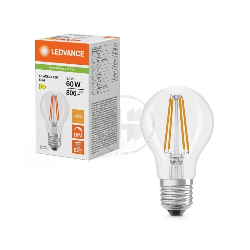 Žiarovka LED stmiev. CLASSIC A60 5,9W/827 (60W) 806lm 2700K 230V 300° E27 číra