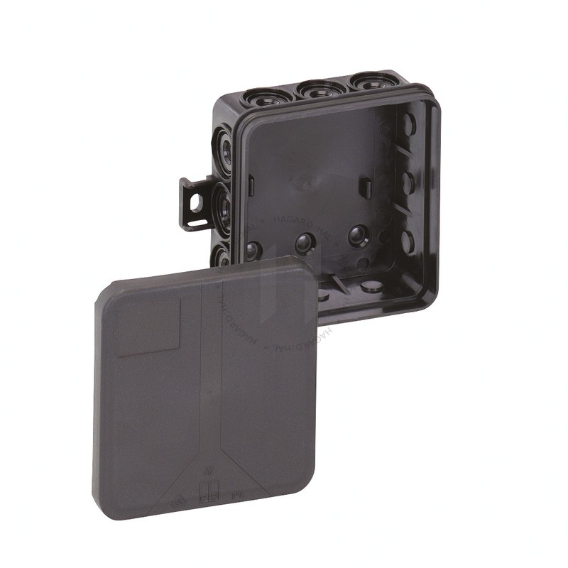 Krabica rozbočovacia 33221201 i12-L 85x85x37mm s vývodkami na omietku čierna IP55